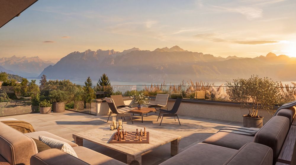 Terrasse lounge, le Léman et les Alpes au coucher du soleil