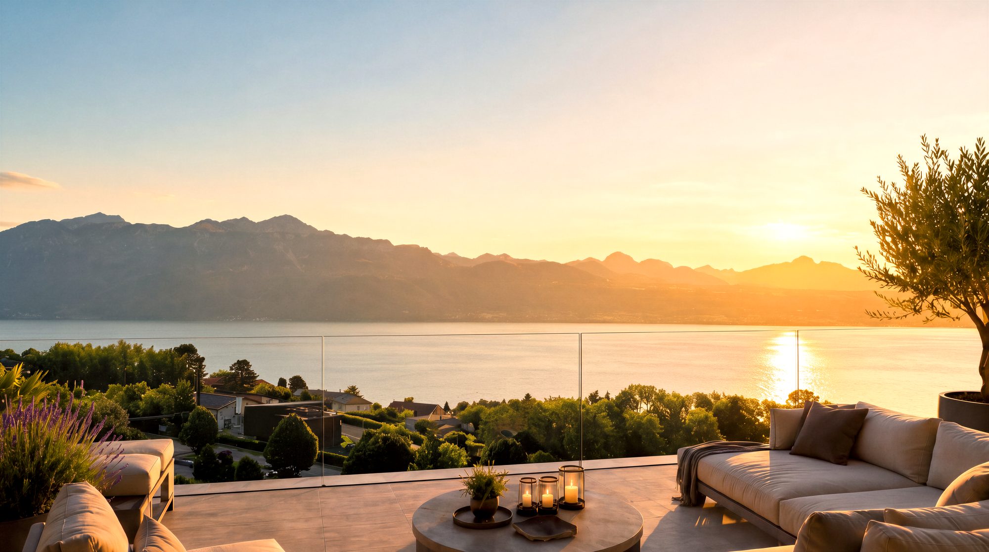 Vue depuis la terrasse sur le Léman et les Alpes au coucher du soleil