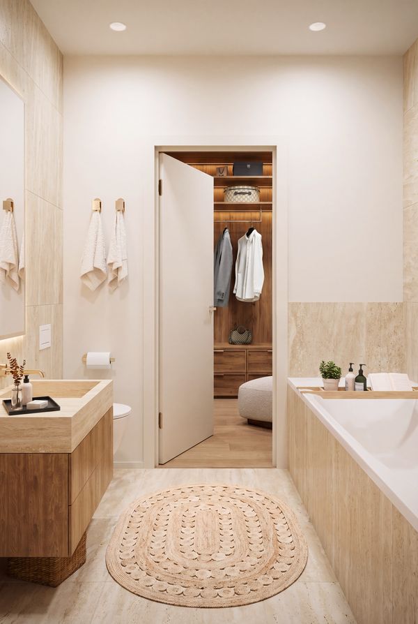 Salle de bains, pierre claire et bois